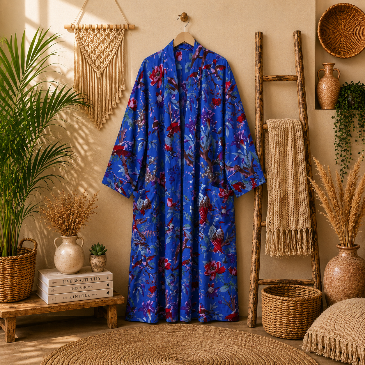 Royal Blue Floral Bird Print Cotton Long Kimono Robe for Women – Boho Maxi Kimono, Free Size with Pockets - Image 4