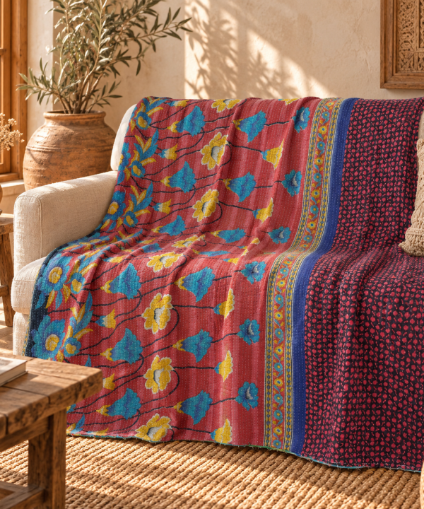 Vintage Handmade Kantha Quilt – Red Floral Recycled Sari Throw, Reversible Indian Bedspread & Boho Blanket