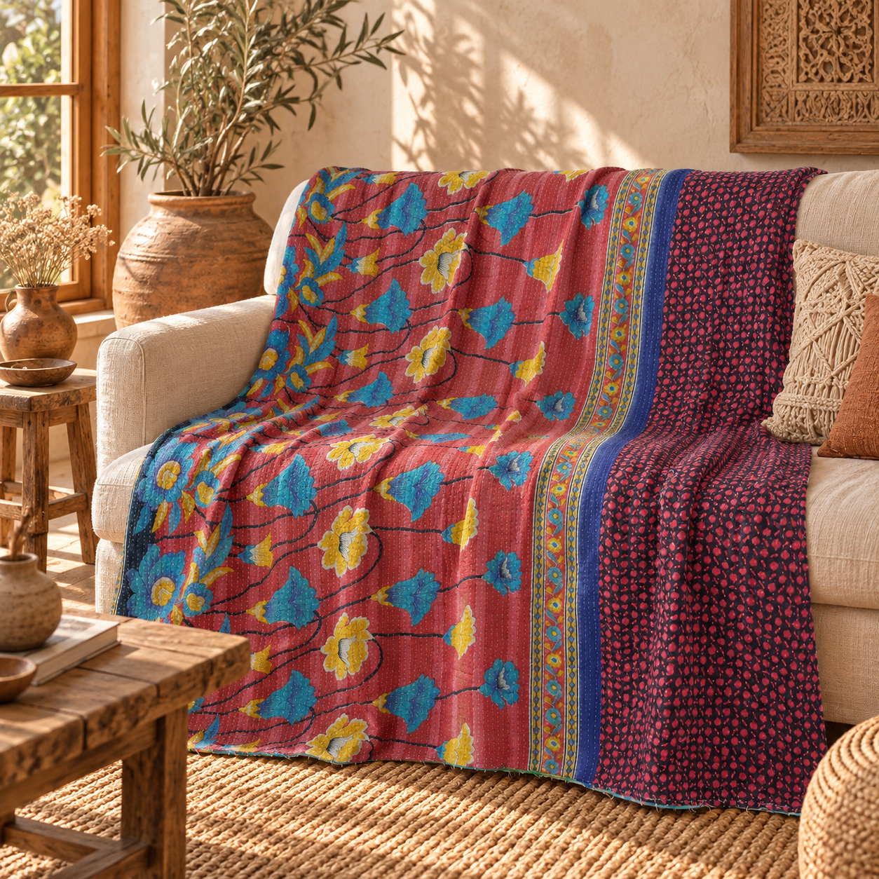 Vintage Handmade Kantha Quilt – Red Floral Recycled Sari Throw, Reversible Indian Bedspread & Boho Blanket