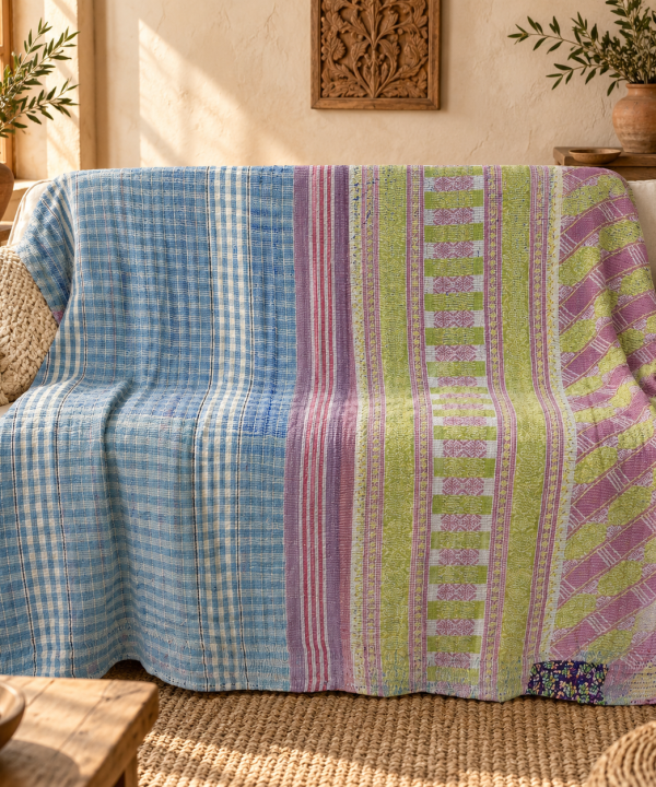 Vintage Kantha Quilt Blue Pink Green Patchwork – Handmade Cotton Bedspread Throw 60 x 90 Inches
