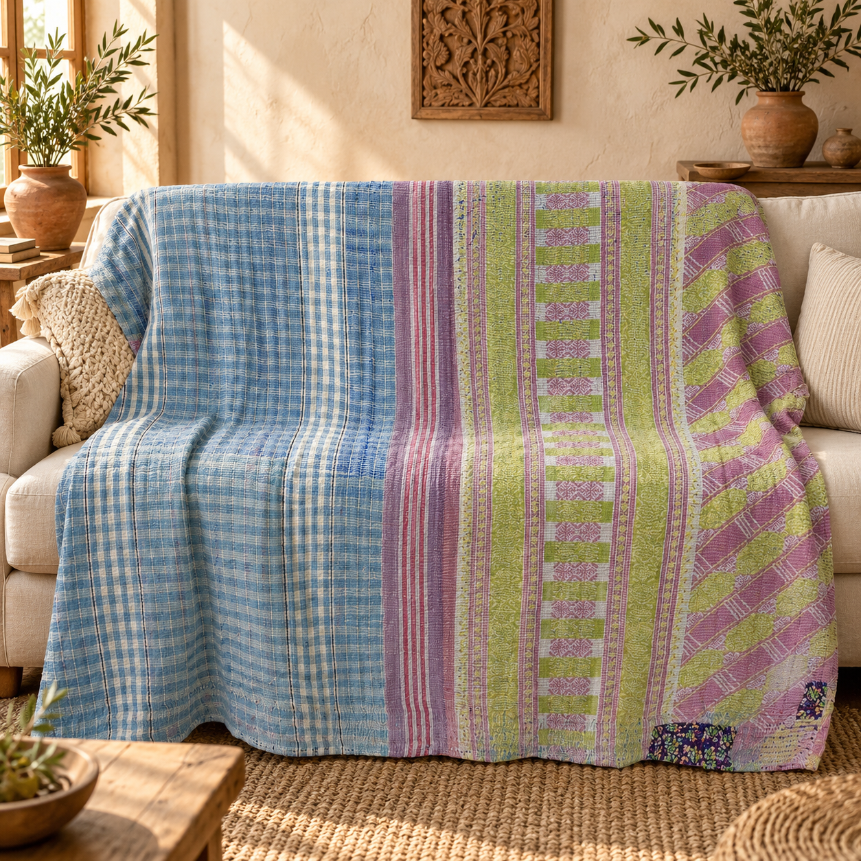 Vintage Kantha Quilt Blue Pink Green Patchwork – Handmade Cotton Bedspread Throw 60 x 90 Inches