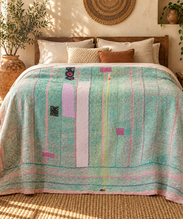 Alternative view of Aqua Mint Green Vintage Kantha Quilt 60 x 90 Inches – Handmade Cotton Patchwork Bedspread – One of a Kind