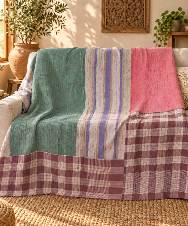 Vintage Kantha Quilt 60x90 Inches – Handmade Cotton Patchwork Bedspread Throw – Green Pink Purple