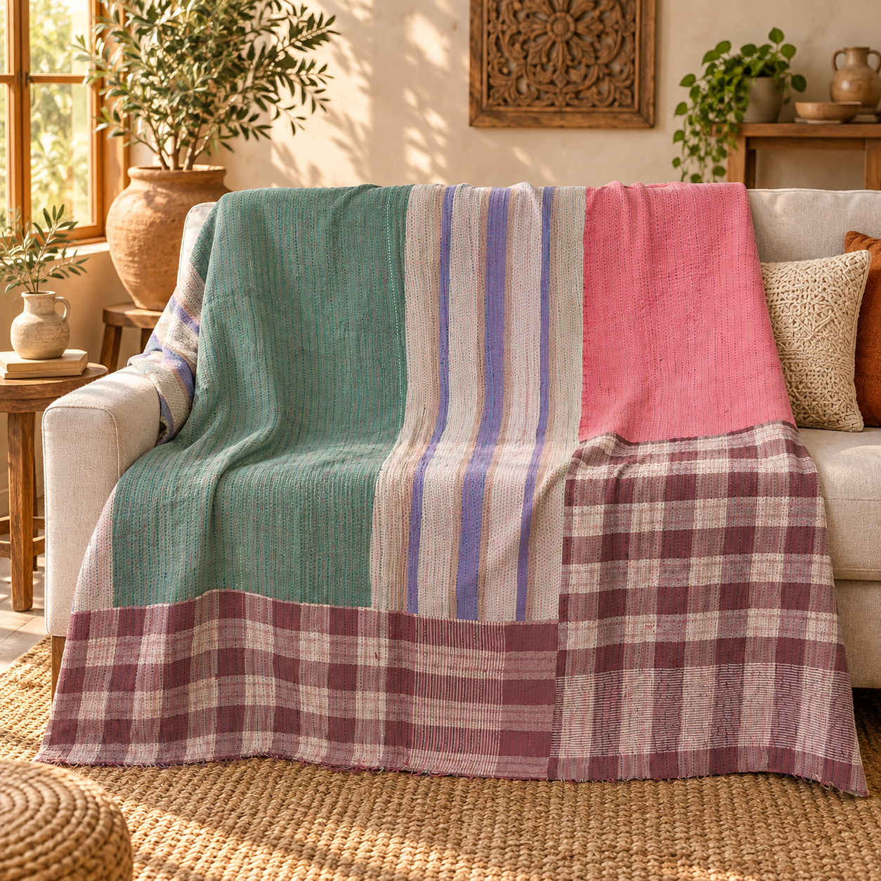 Vintage Kantha Quilt 60x90 Inches – Handmade Cotton Patchwork Bedspread Throw – Green Pink Purple
