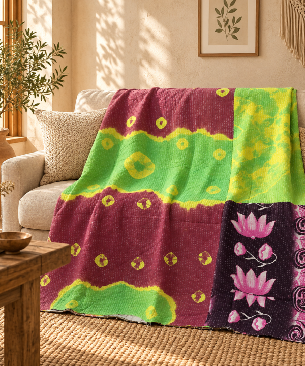Vintage Kantha Quilt Handmade Recycled Sari Bedspread – Green Burgundy Pink Floral Boho Throw