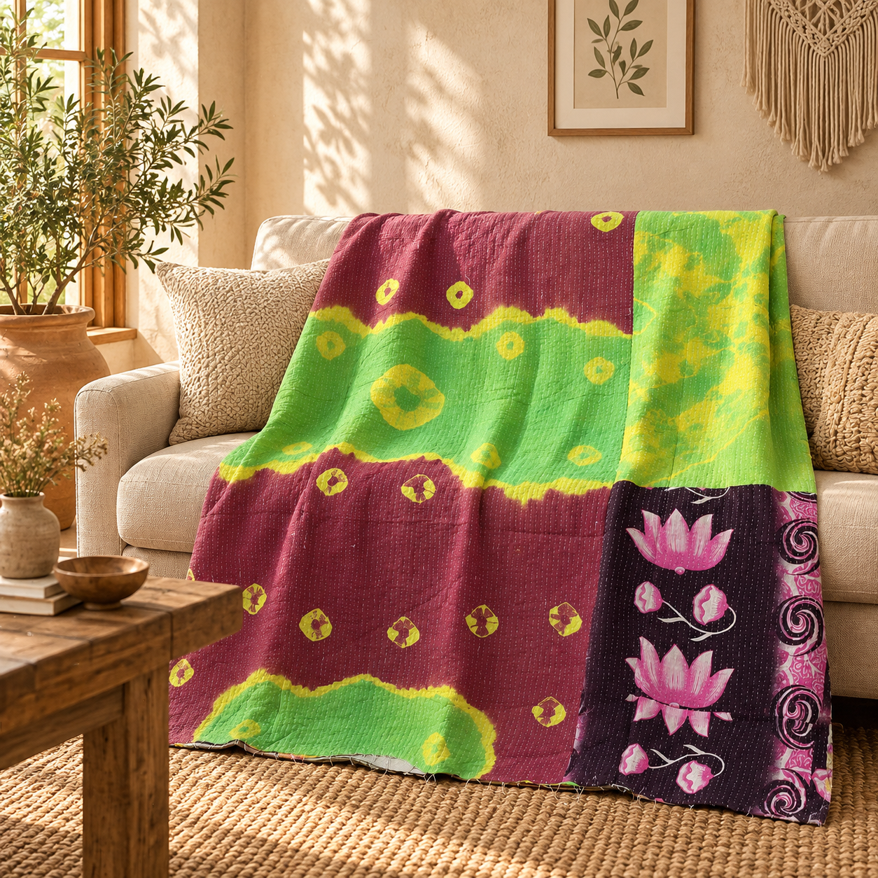 Vintage Kantha Quilt Handmade Recycled Sari Bedspread – Green Burgundy Pink Floral Boho Throw