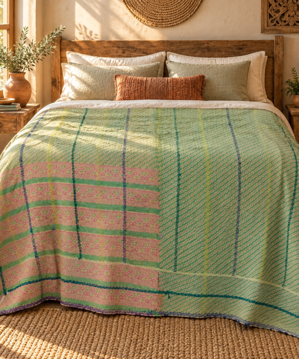 Alternative view of Vintage Kantha Quilt Green Pink Cotton Throw – Handmade Indian Bedspread 60 x 90 Inches