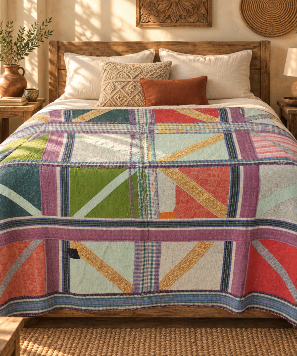 Alternative view of Vintage Kantha Quilt 60x90 Inches – Multicolor Geometric Hand Stitched Cotton Bedspread