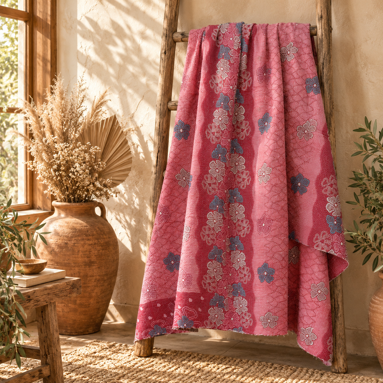 Vintage Handmade Kantha Quilt Green & Pink Floral Recycled Sari Cotton Boho Throw Blanket - Image 5