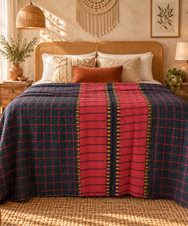 Alternative view of Vintage Handmade Kantha Quilt – Red & Navy Blue Recycled Sari Throw, Reversible Indian Boho Bedspread MN-VKQ-TW-1342