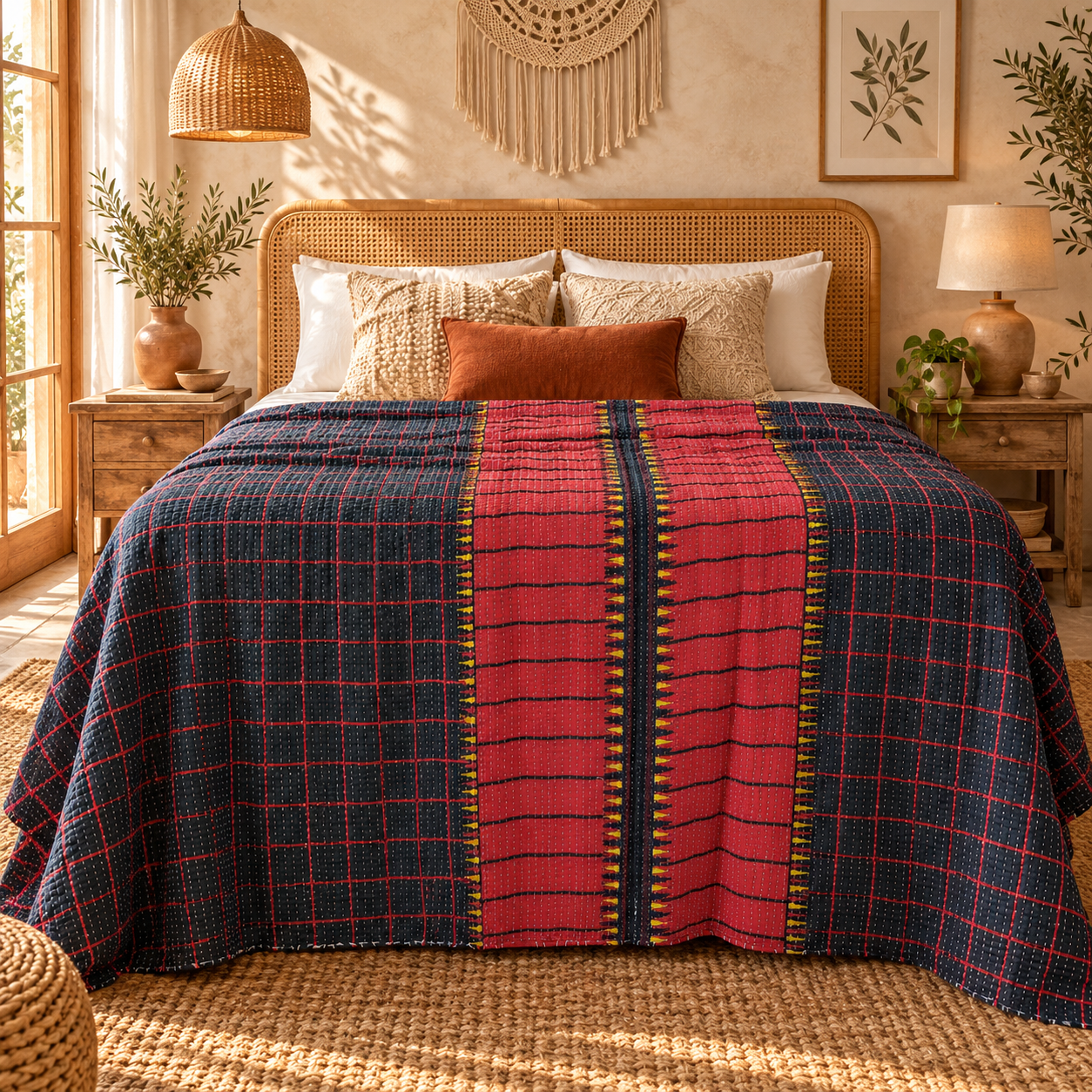 Vintage Handmade Kantha Quilt – Red & Navy Blue Recycled Sari Throw, Reversible Indian Boho Bedspread MN-VKQ-TW-1342 - Image 2