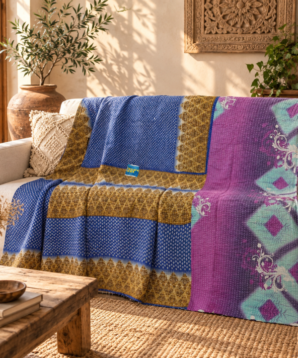 Vintage Handmade Kantha Quilt – Royal Blue & Purple Recycled Sari Throw | Reversible Indian Boho Bedspread