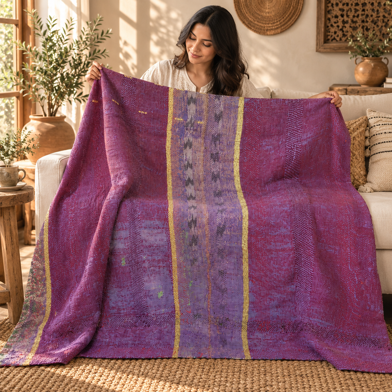 Deep Purple Vintage Kantha Quilt 60 x 90 Inches – Handmade Cotton Bedspread Throw – One of a Kind - Image 3
