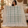 Vintage Pastel Green Plaid Kantha Quilt – Hand Stitched Cotton Bedspread 60 x 90 Inches - Image 3