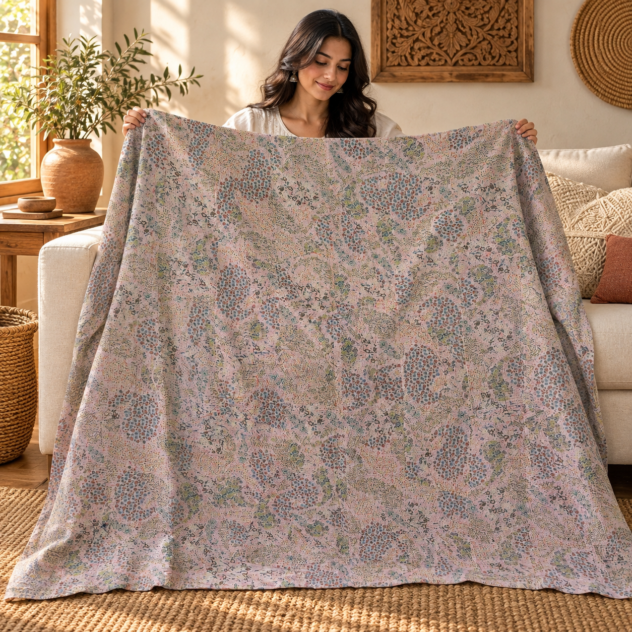 Vintage Pastel Floral Kantha Quilt 60x90 Inches – Hand Stitched Cotton Boho Bedspread Throw - Image 3