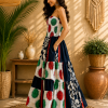 Black White Red & Green Patchwork Maxi Dress – Strapless Smocked Tiered Boho Summer Dress - Image 3