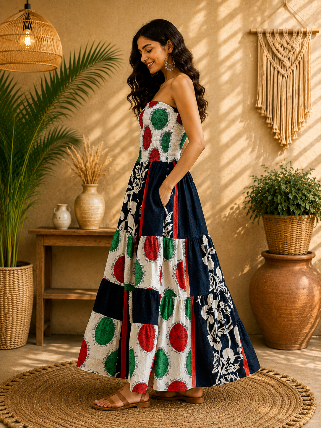 Black White Red & Green Patchwork Maxi Dress – Strapless Smocked Tiered Boho Summer Dress - Image 3