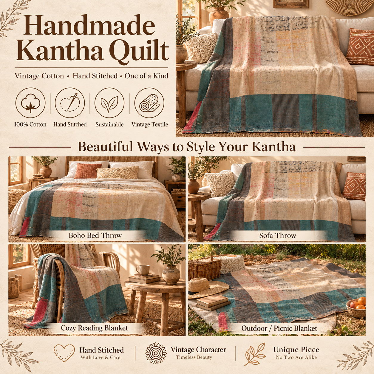 Teal Green & Beige Vintage Kantha Quilt 60 x 90 Inches – Handmade Cotton Patchwork Bedspread – One of a Kind - Image 3