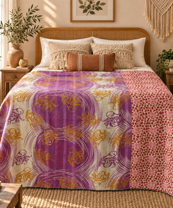 Alternative view of Vintage Purple Kantha Quilt – Handmade Recycled Sari Indian Bedspread, Reversible Boho Throw Blanket