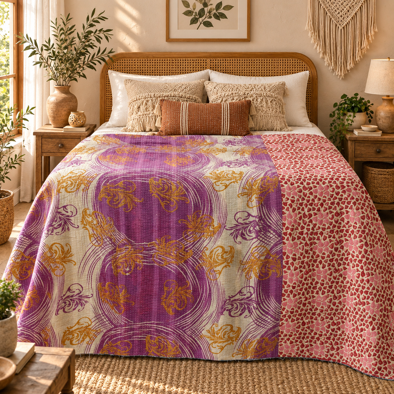 Vintage Purple Kantha Quilt – Handmade Recycled Sari Indian Bedspread, Reversible Boho Throw Blanket - Image 2