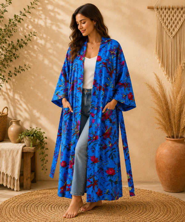 Royal Blue Floral Print Long Kimono Robe for Women – Boho Bird Print Maxi Dressing Gown, Belted Free Size Kimono