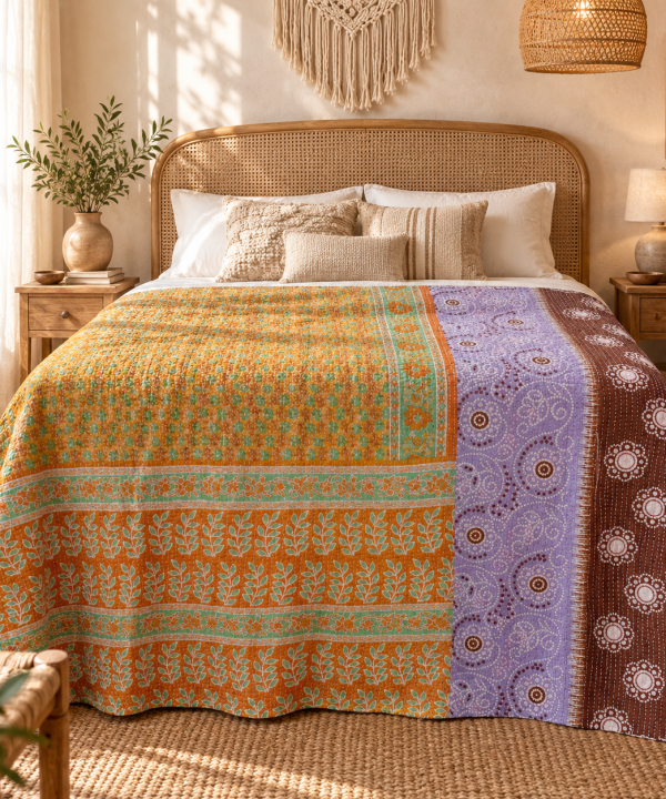 Alternative view of Vintage Handmade Kantha Quilt – Orange & Green Floral Recycled Cotton Bedspread, Purple Boho Sofa Throw Blanket