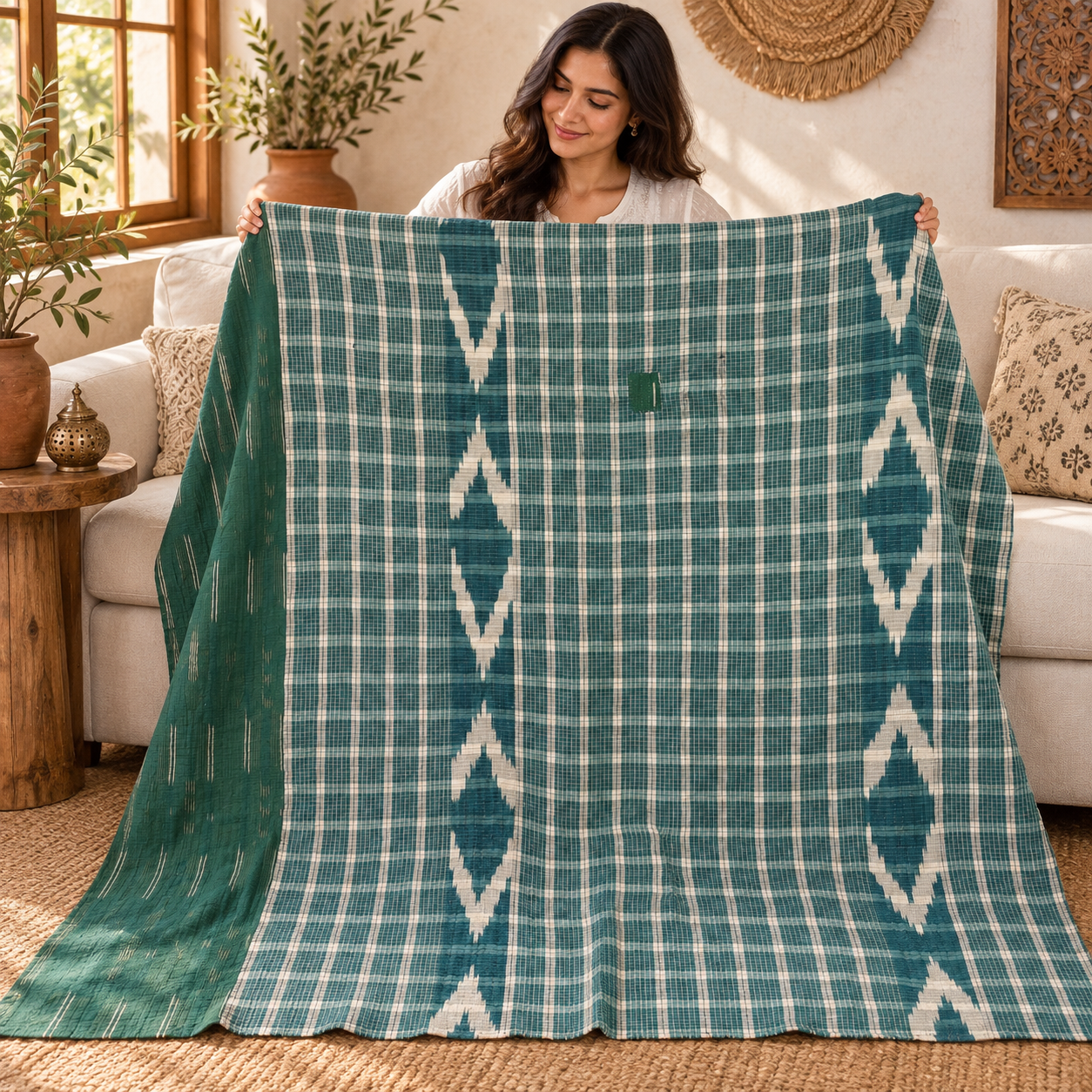 Vintage Green Plaid Kantha Quilt – Hand Stitched Cotton Indian Throw 60 x 90 Inches - Image 3