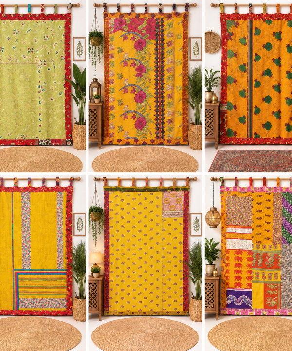 Yellow Vintage Kantha Curtain – Handmade Cotton Patchwork Boho Indian Window Door Curtain – 1 Pc