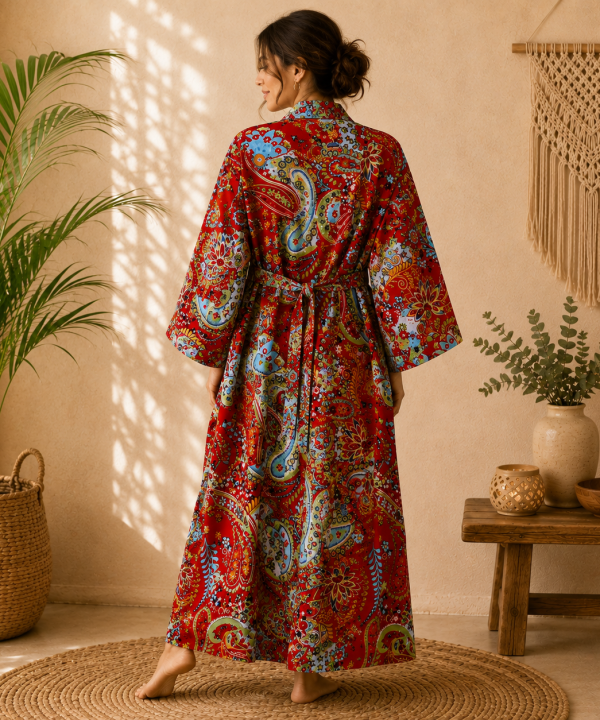 Alternative view of Red Multicolor Floral Paisley Long Kimono Robe – Boho Printed Maxi Kimono Jacket for Women