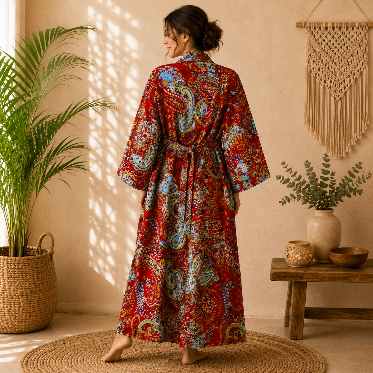 Red Multicolor Floral Paisley Long Kimono Robe – Boho Printed Maxi Kimono Jacket for Women - Image 2