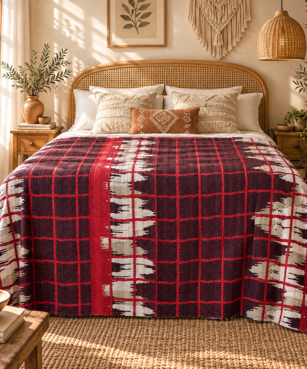 Alternative view of Handmade Vintage Kantha Quilt – Red Black & White Checkered Recycled Cotton Bed Throw, Sofa Blanket, Boho Picnic Quilt