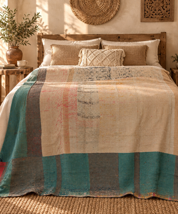 Alternative view of Teal Green & Beige Vintage Kantha Quilt 60 x 90 Inches – Handmade Cotton Patchwork Bedspread – One of a Kind