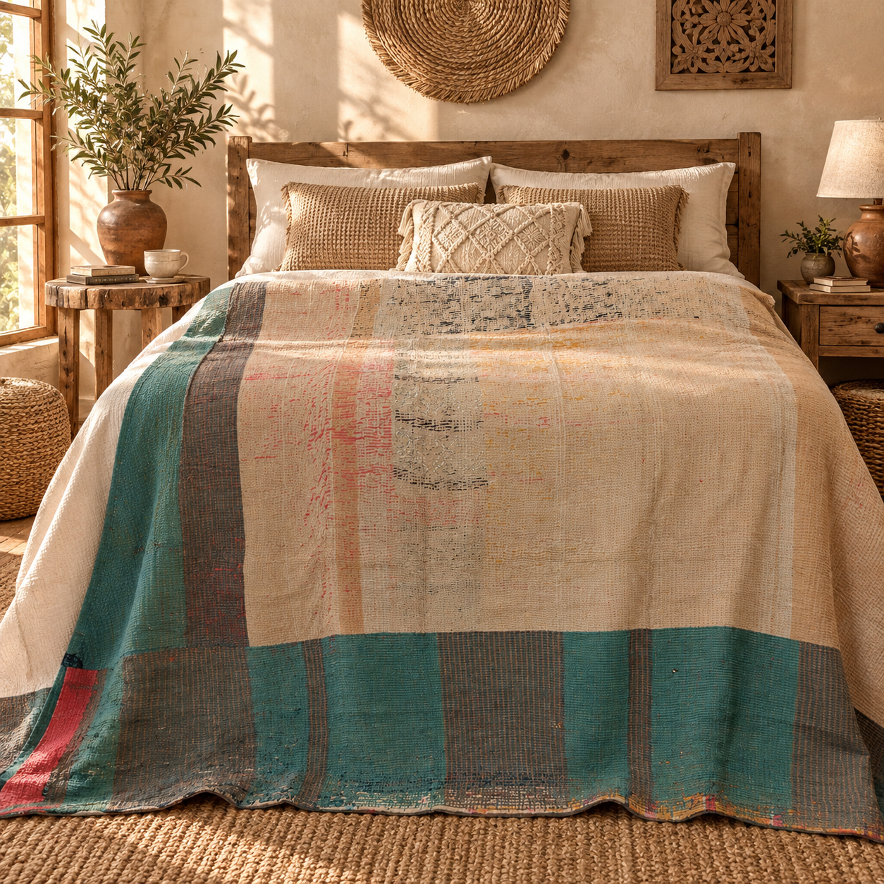 Teal Green & Beige Vintage Kantha Quilt 60 x 90 Inches – Handmade Cotton Patchwork Bedspread – One of a Kind - Image 2