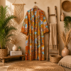 Burnt Orange Paisley Print Cotton Long Kimono Robe for Women – Boho Maxi Kimono, Free Size Belted Robe with Pockets - Image 3