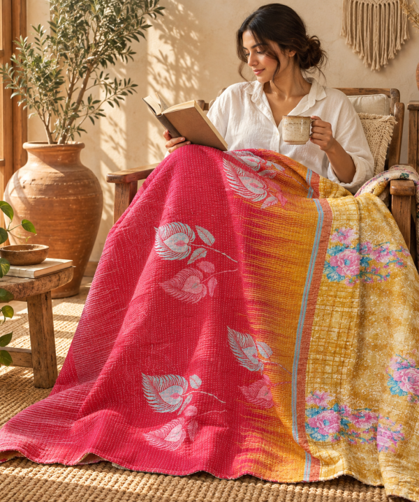 Alternative view of Vintage Handmade Kantha Quilt – Red & Mustard Yellow Floral Recycled Cotton Bedspread, Indian Boho Sofa Throw