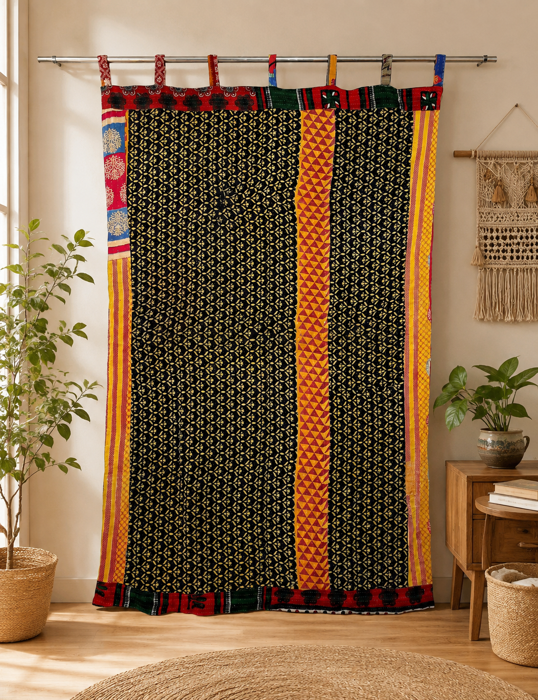 Black Vintage Kantha Curtain – Handmade Cotton Patchwork Boho Indian Window Door Curtain – 1 Pc - Image 3