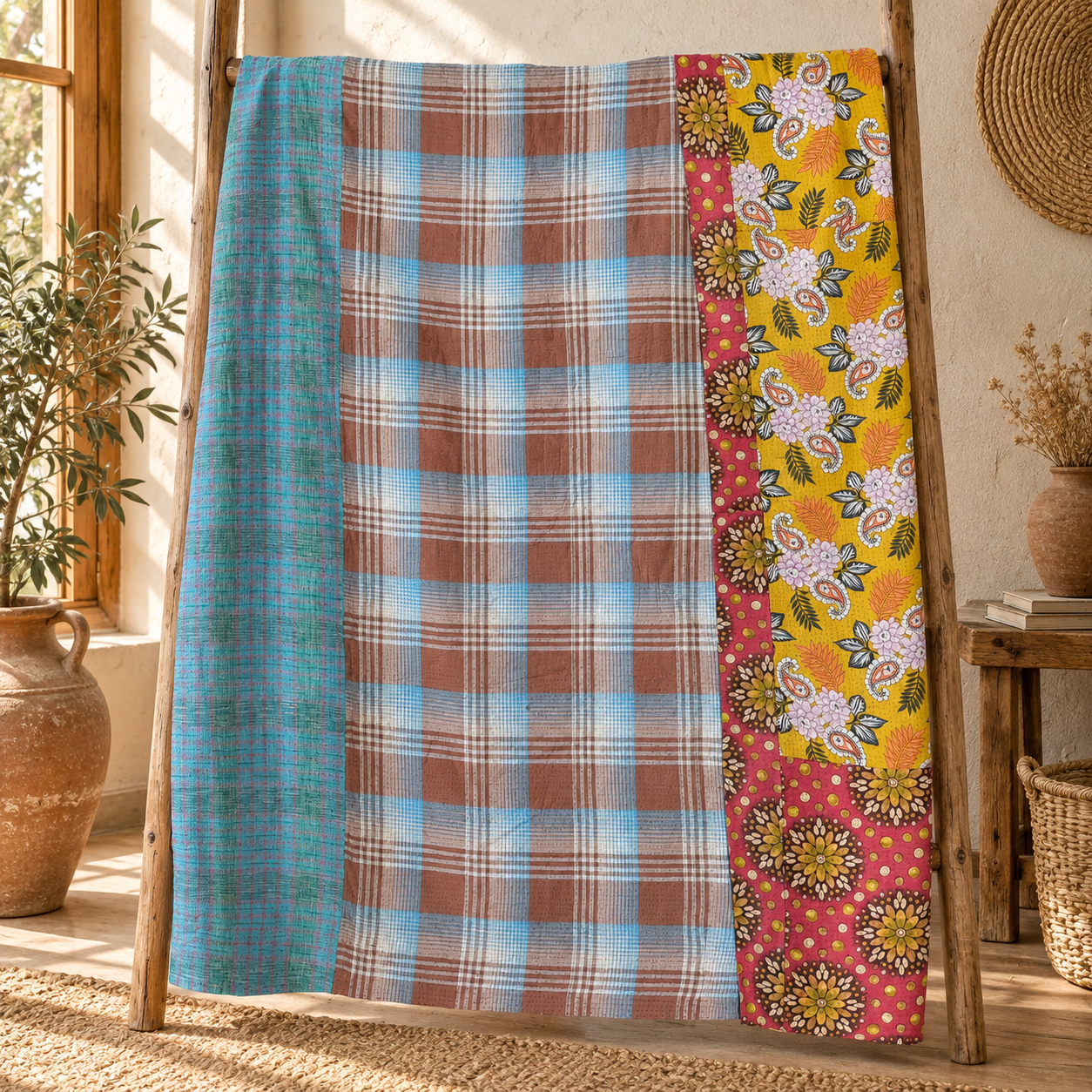Vintage Mustard Yellow & Red Kantha Quilt 60x90 Inches – Handmade Floral Cotton Bedspread - Image 5