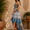 Grey Blue Patchwork Maxi Dress – Strapless Smocked Tiered High Low Boho Summer Dress - Image 3
