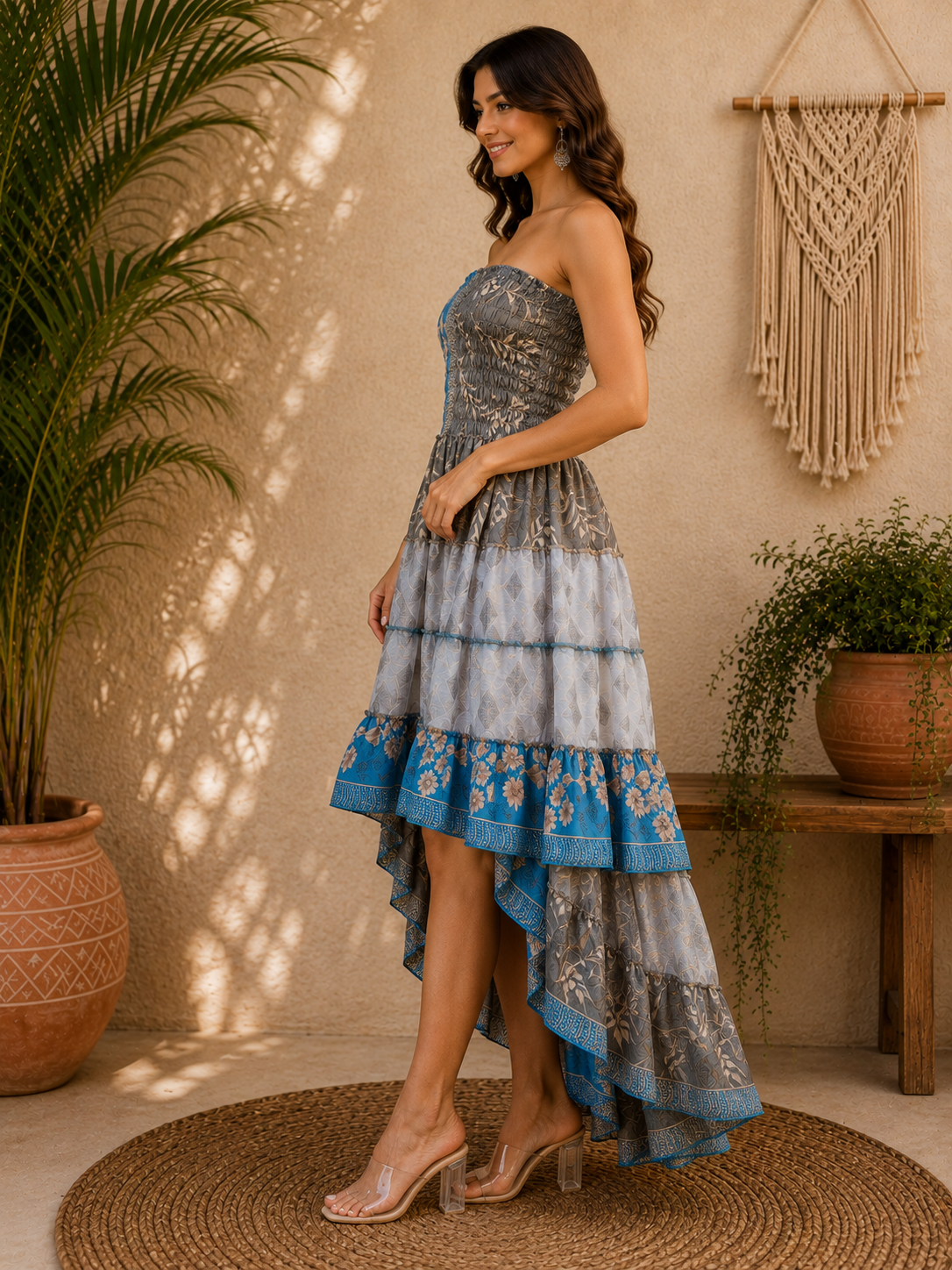 Grey Blue Patchwork Maxi Dress – Strapless Smocked Tiered High Low Boho Summer Dress - Image 3