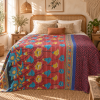 Vintage Handmade Kantha Quilt – Red Floral Recycled Sari Throw, Reversible Indian Bedspread & Boho Blanket - Image 2