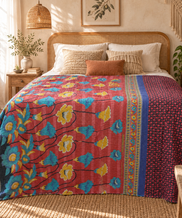 Alternative view of Vintage Handmade Kantha Quilt – Red Floral Recycled Sari Throw, Reversible Indian Bedspread & Boho Blanket