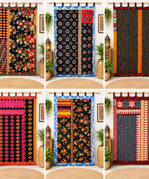 Black Vintage Kantha Curtain – Handmade Cotton Patchwork Boho Indian Window Door Curtain – 1 Pc