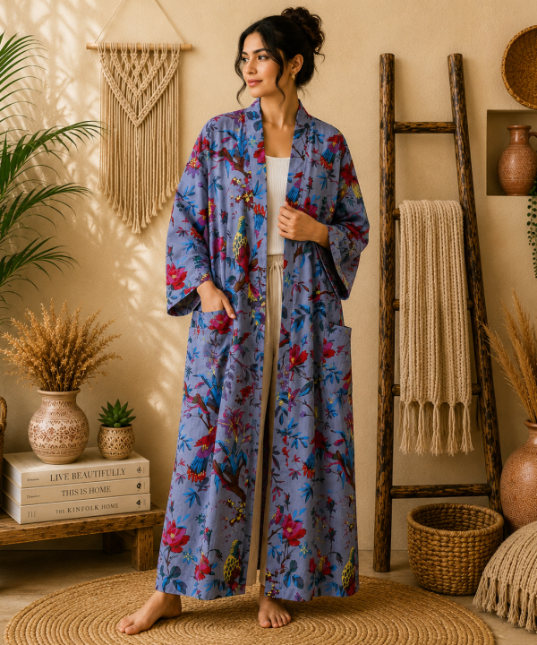 Lavender Blue Floral Bird Print Cotton Long Kimono Robe for Women – Boho Free Size Maxi Kimono with Pockets