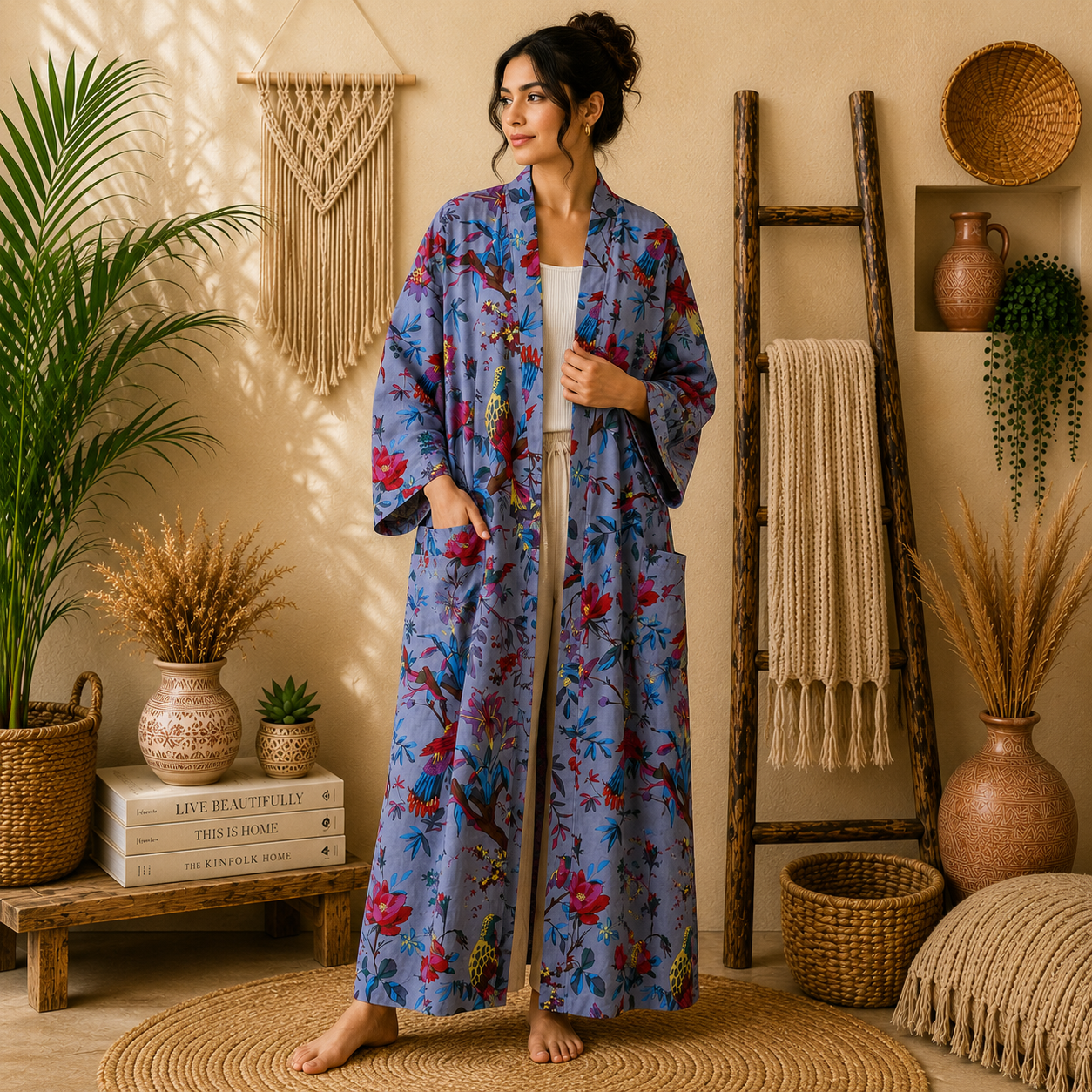 Lavender Blue Floral Bird Print Cotton Long Kimono Robe for Women – Boho Free Size Maxi Kimono with Pockets