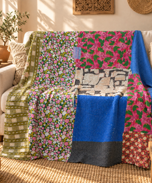 Vintage Patchwork Kantha Quilt 60x90 Inches – Multicolor Hand Stitched Cotton Boho Throw