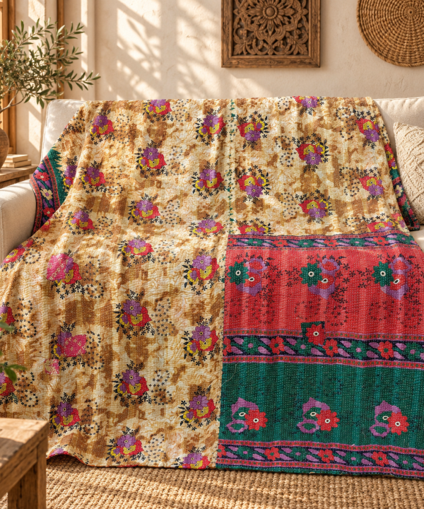 Vintage Beige Red & Green Kantha Quilt 60x90 Inches – Handmade Floral Cotton Bedspread Throw