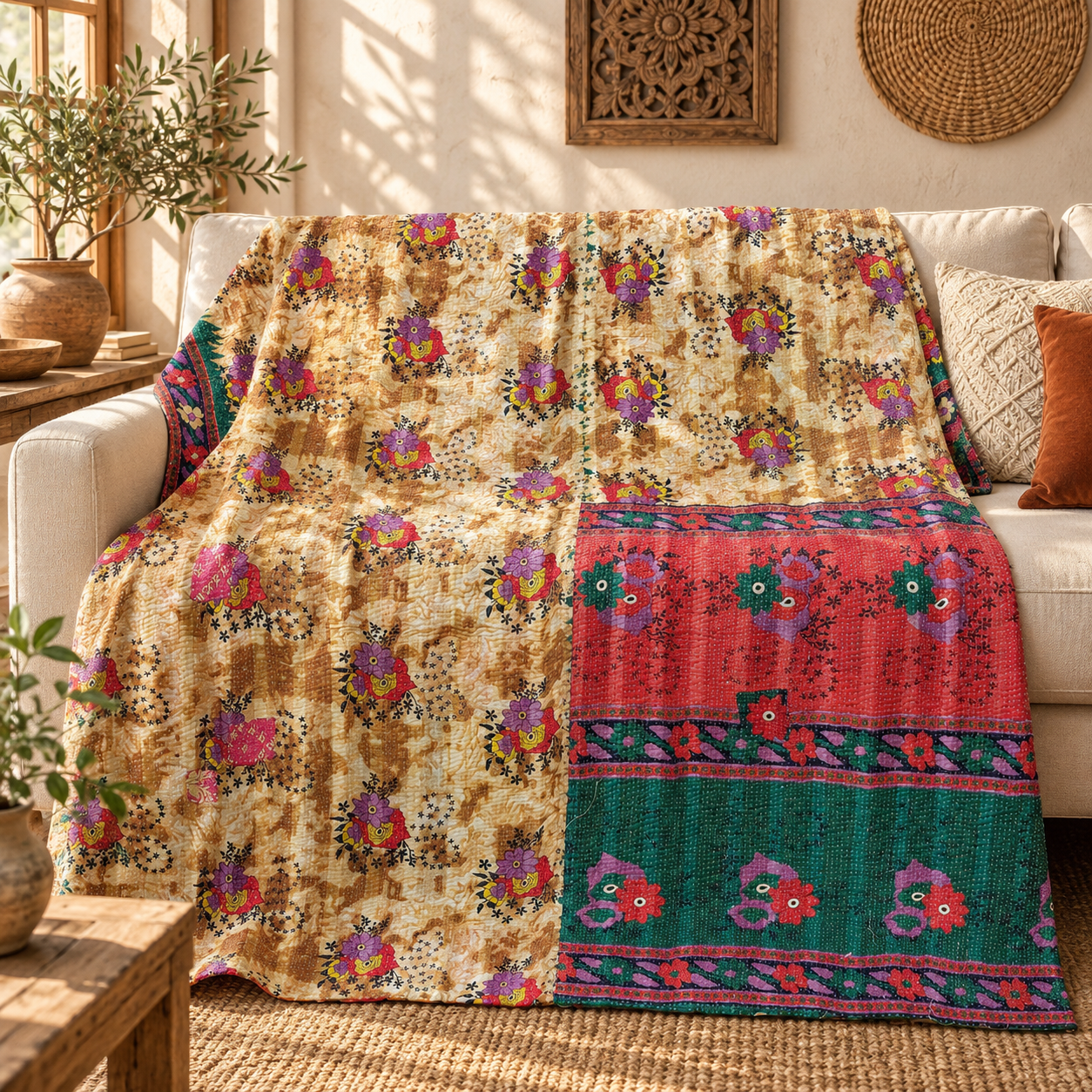 Vintage Beige Red & Green Kantha Quilt 60x90 Inches – Handmade Floral Cotton Bedspread Throw
