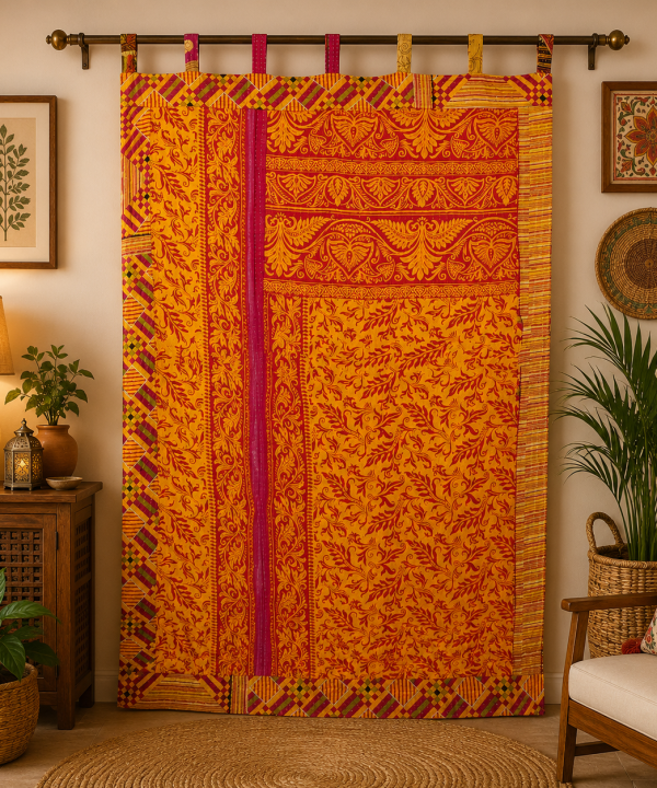 Alternative view of Orange Vintage Kantha Curtain – Handmade Cotton Patchwork Boho Indian Window Door Curtain – 1 Pc