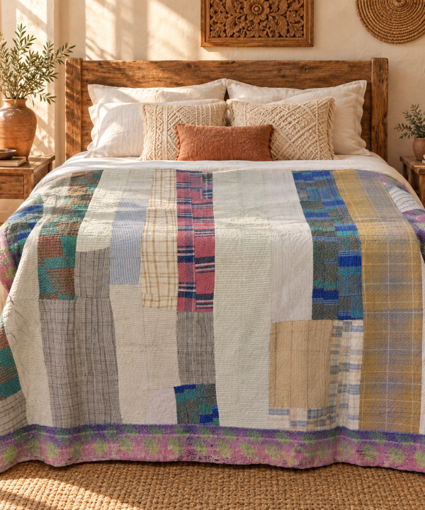 Alternative view of Vintage Patchwork Kantha Quilt 60x90 Inches – Neutral Multicolor Hand Stitched Cotton Throw