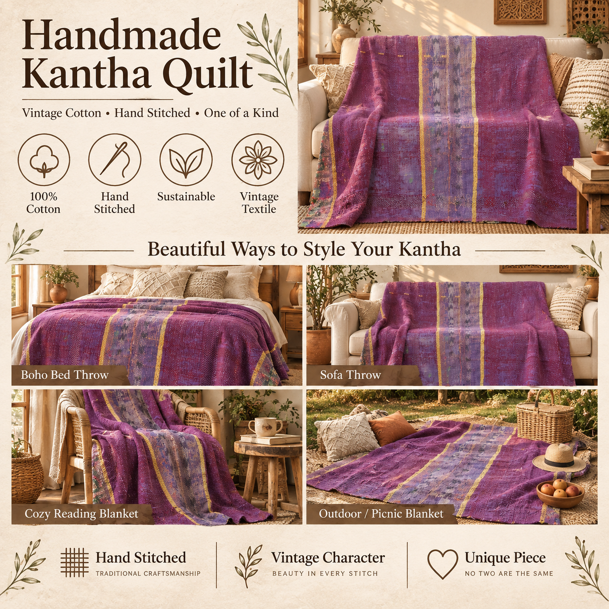 Deep Purple Vintage Kantha Quilt 60 x 90 Inches – Handmade Cotton Bedspread Throw – One of a Kind - Image 4